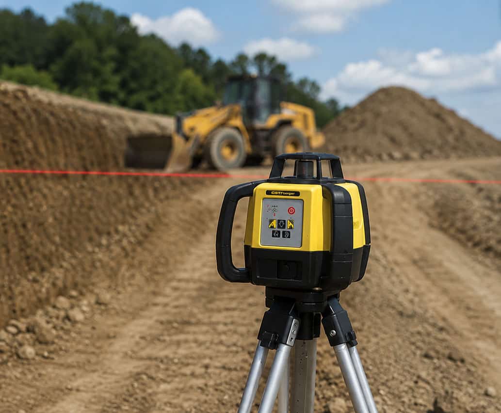 A yellow laser level on a tripod stands on a dirt construction site, with a bulldozer and large mounds of earth in the background under a partly cloudy sky.