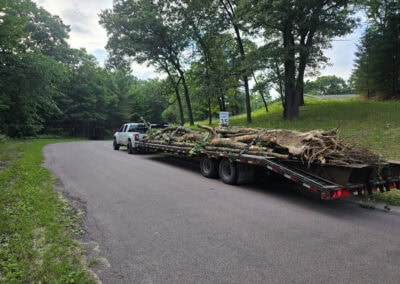 A white pickup truck towing a long flatbed trailer loaded with large tree branches is parked on a quiet, tree-lined road near a 35 mph speed limit sign.